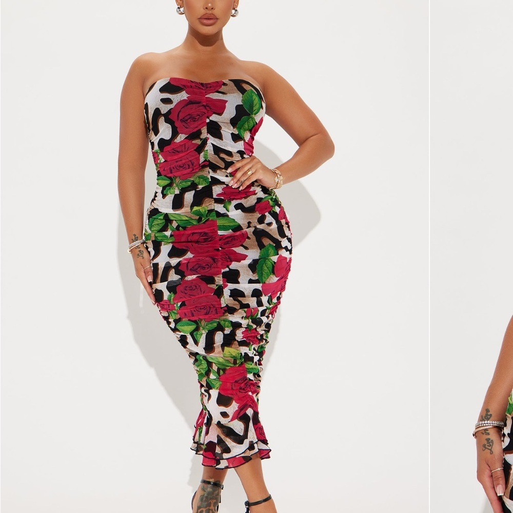 Floral and Animal Print Strapless Dress